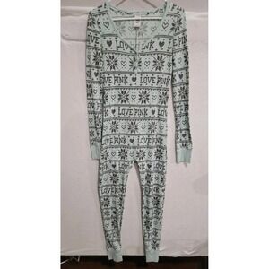 Victoria's Secret PINK‎ Mint Green Thermal One Piece Pajamas Sz M Butt Flap RARE